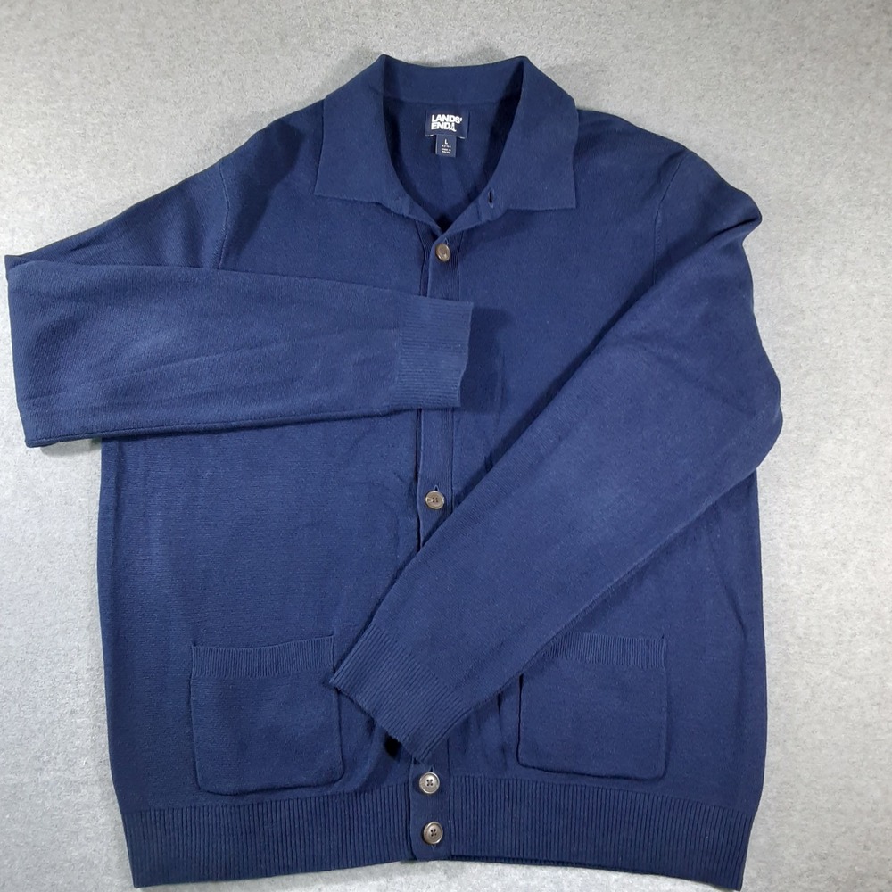Lands End Mens Navy Blue Cotton Linen Button Front Cardigan Sweater Large L22